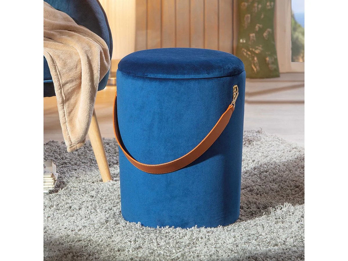 Pouf Coffre en Velours à Sangle "Yola" 45cm Bleu
