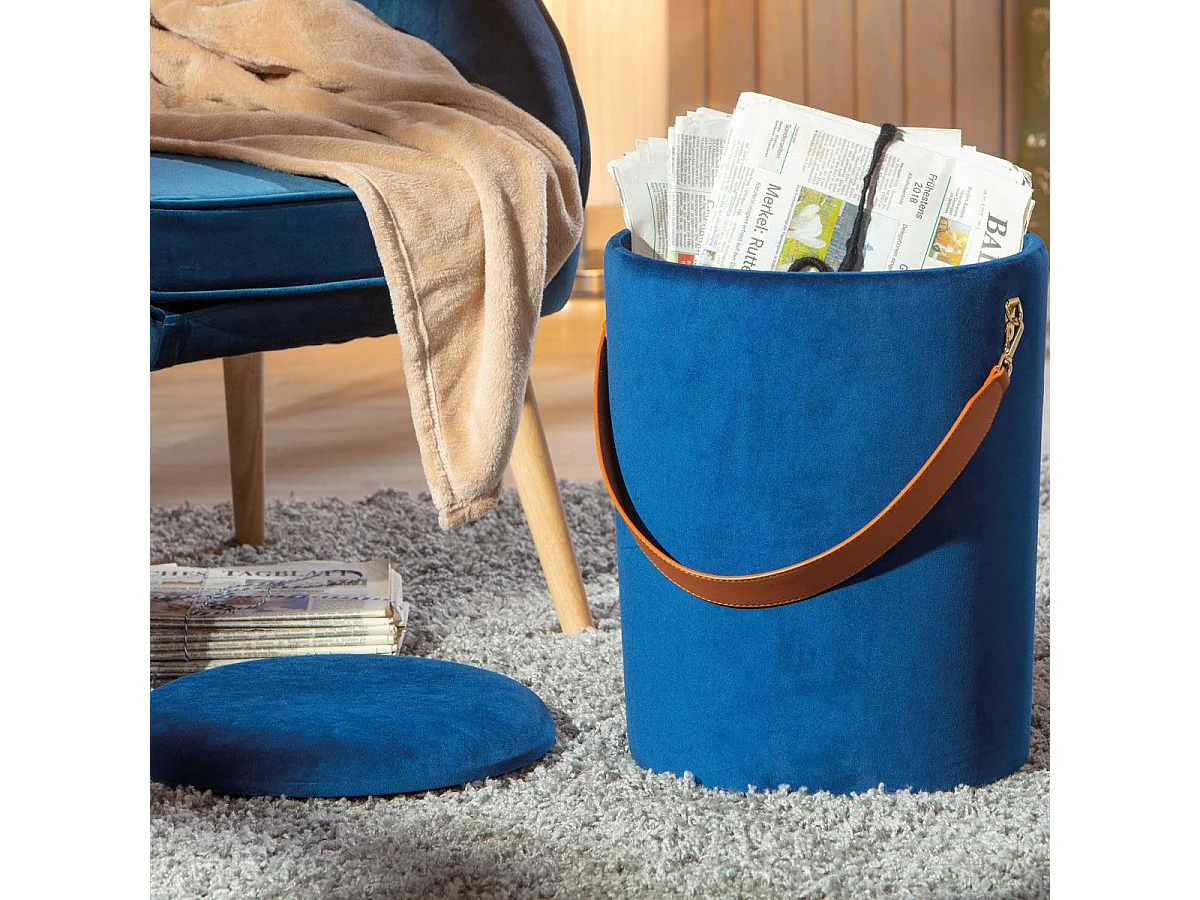 Pouf Coffre en Velours à Sangle "Yola" 45cm Bleu
