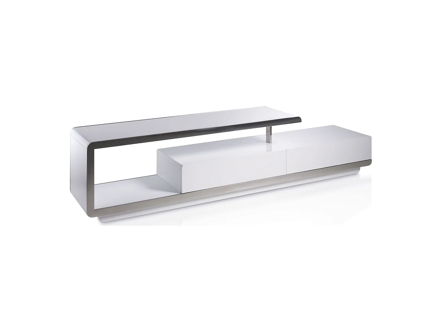 Meuble TV laqué avec façade acier inoxydable