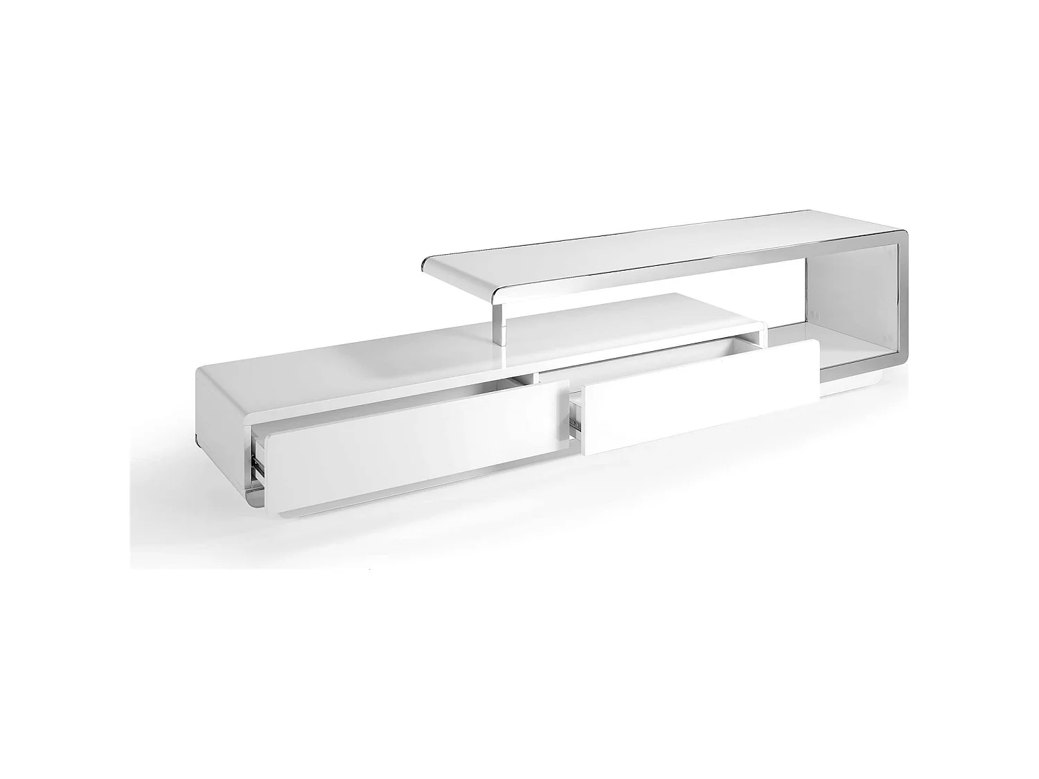 Meuble TV laqué avec façade acier inoxydable