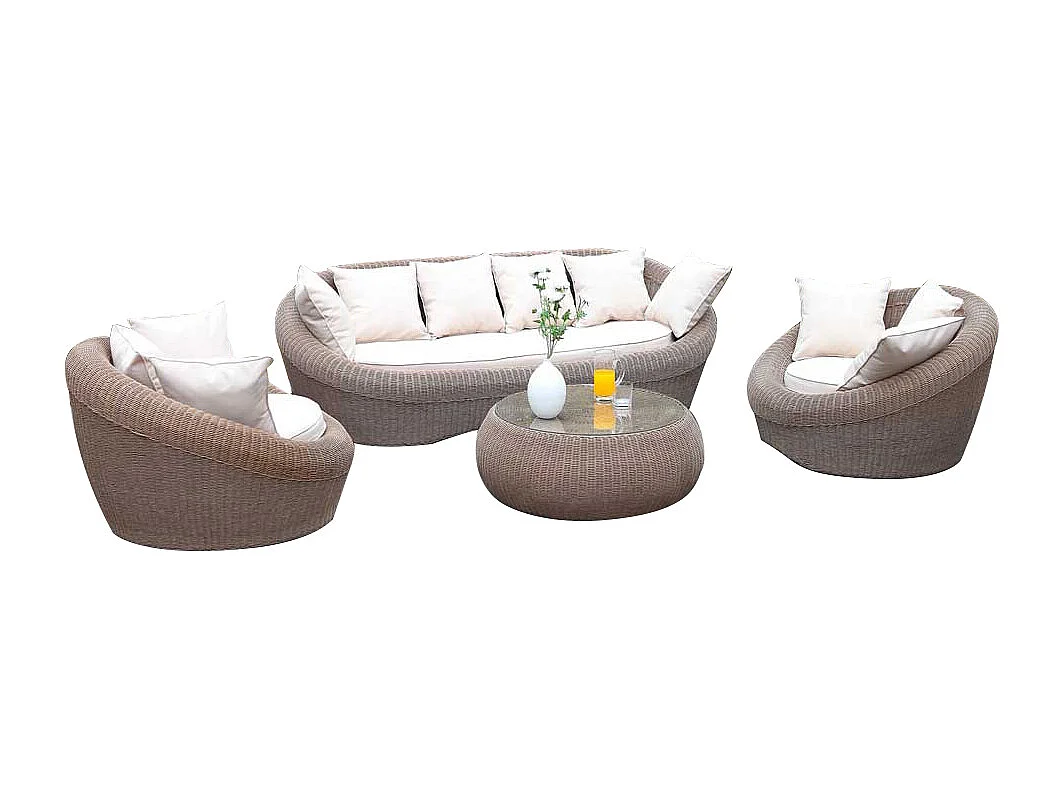 Salotto da giardino in resina intrecciata marrone: divano, 2 poltrone e tavolino - WHITEHEAVEN