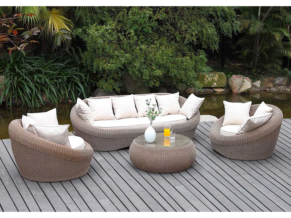 Garten-Sitzgruppe - Polyrattan: Sofa, 2 Sessel + Couchtisch -  Braun - WHITEHEAVEN von MYLIA