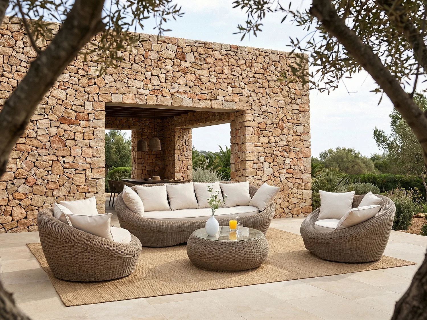 Salotto da giardino in resina intrecciata marrone: divano, 2 poltrone e tavolino - WHITEHEAVEN