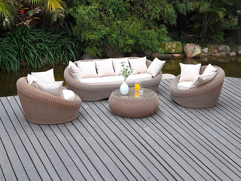 Salotto da giardino in resina intrecciata marrone: divano, 2 poltrone e tavolino - WHITEHEAVEN