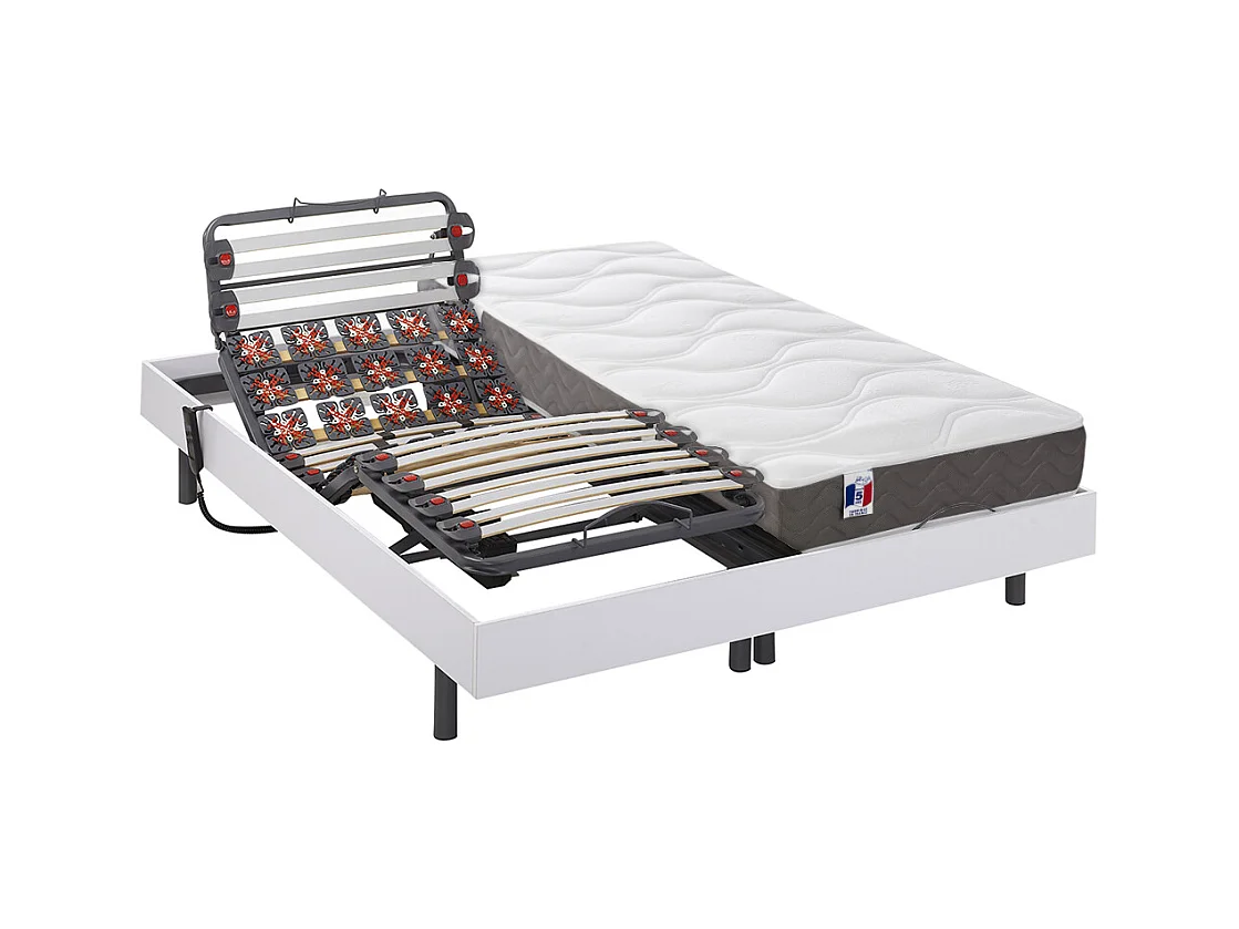 Lit électrique de relaxation lattes et plots + matelas 100% latex 3 zones - 2 x 80 x 200 cm - Blanc - MENELAS de YSMÉE