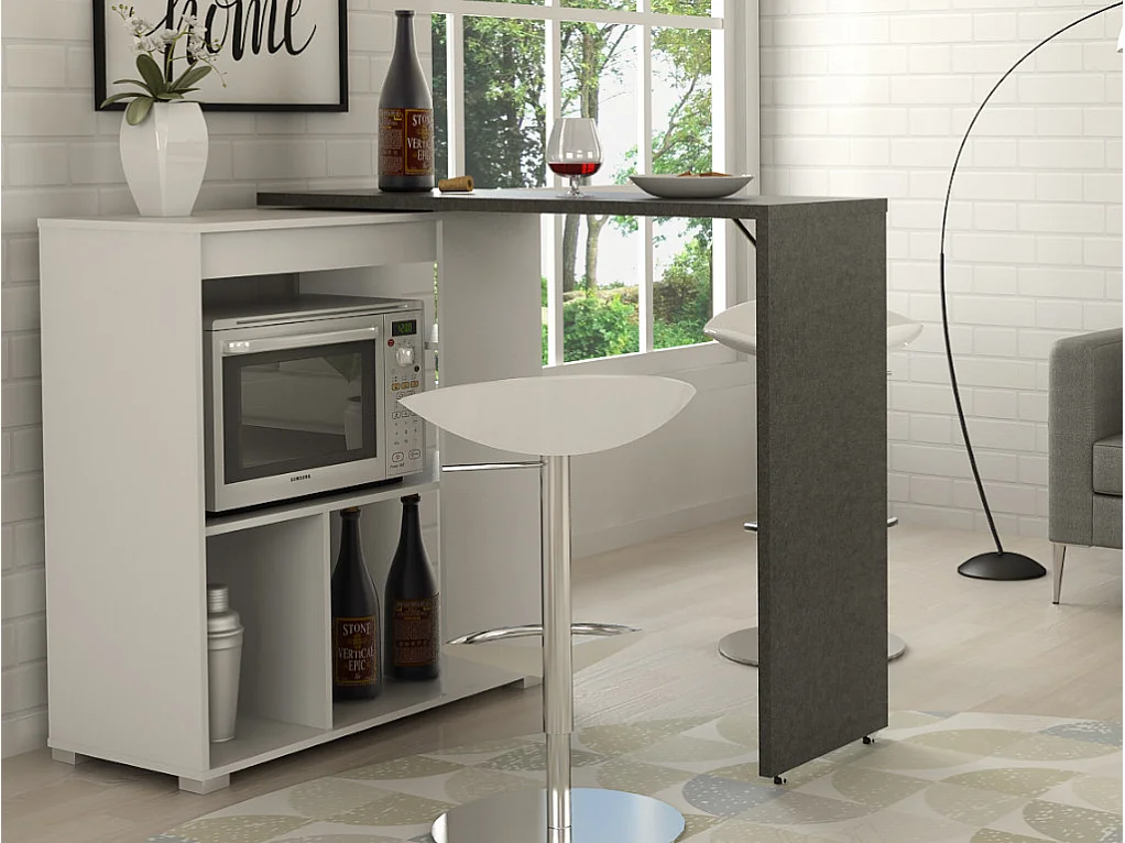 Meuble de bar pivotant avec rangements - Blanc et anthracite - SATURNE
