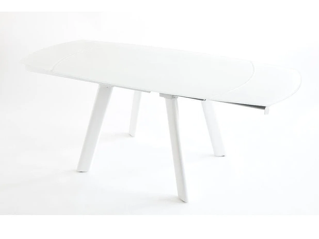 Uitschuifbare tafel voor 4 tot 6 personen, wit getint glas en wit metalen poten Arlan L 130 tot 160 cm
