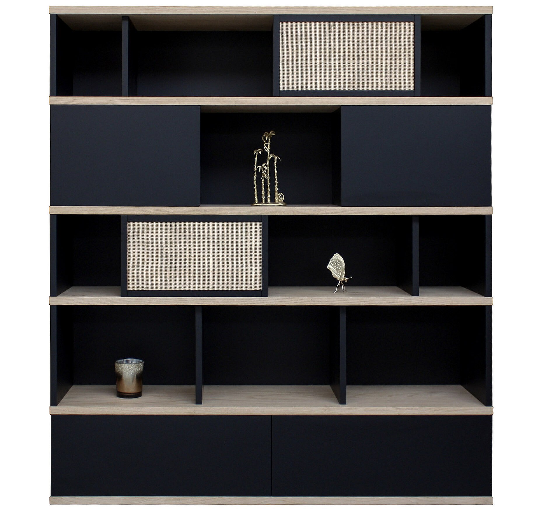 Bibliothèque châtaignier massif et laqué, 2 tiroirs, 4 portes 150L x 38P