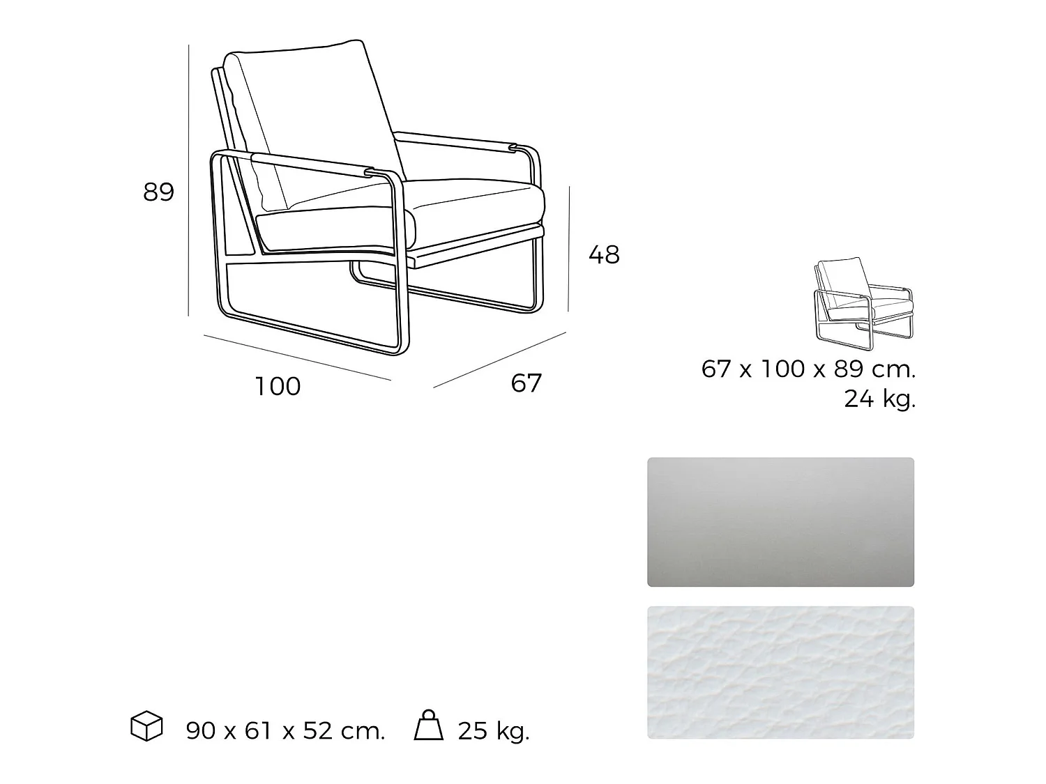 Fauteuil rembourré structure acier inoxydable.