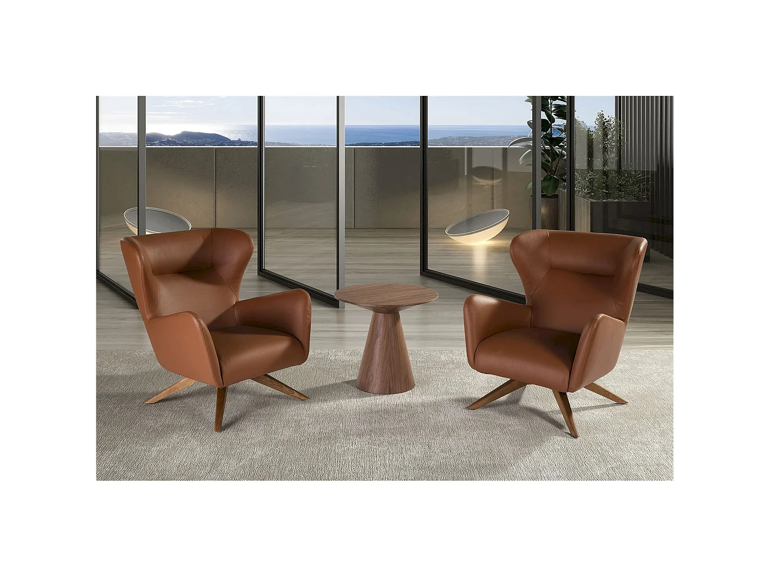 Fauteuil tournant à 360 º rembourré en similicuir pieds bois massif