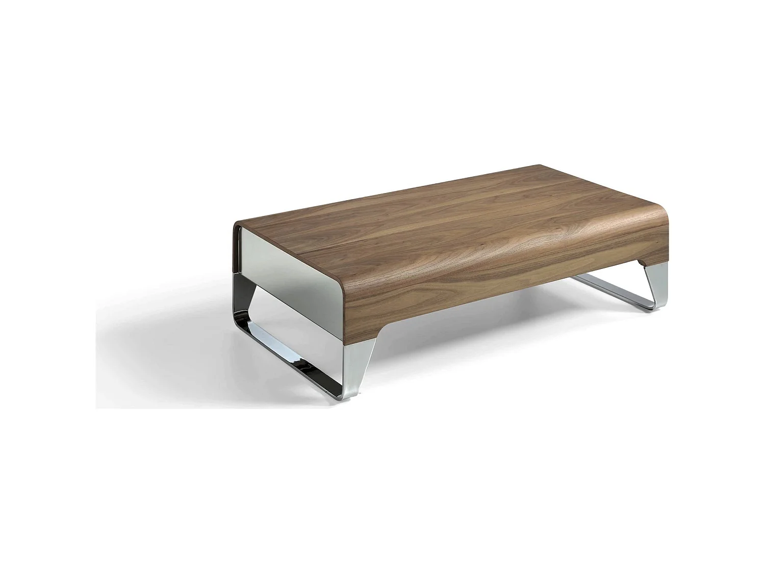 Table basse bois laqué tiroirs latéraux pieds acier chromé