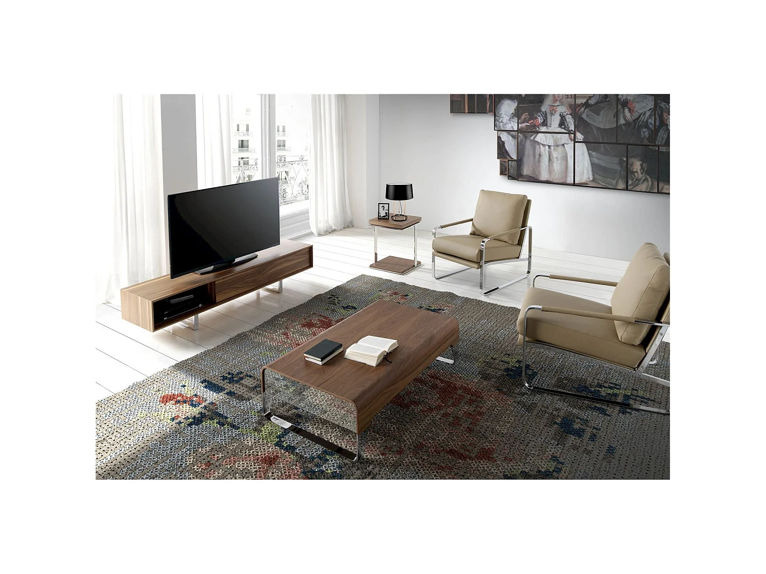 Table basse bois laqué tiroirs latéraux pieds acier chromé