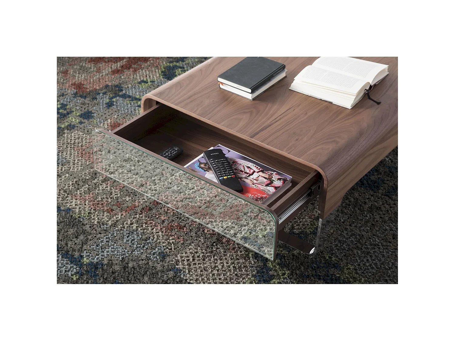 Table basse bois laqué tiroirs latéraux pieds acier chromé