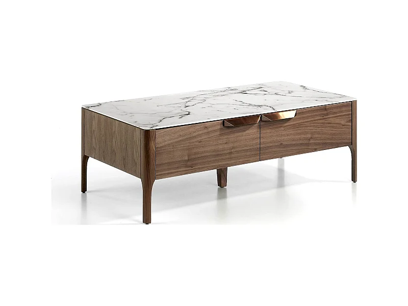 Table basse plateau en verre avec effet marbre 2 tiroirs avec poignées acier cuivré