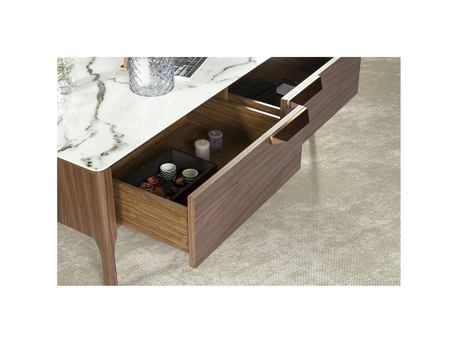 Table basse plateau en verre avec effet marbre 2 tiroirs avec poignées acier cuivré