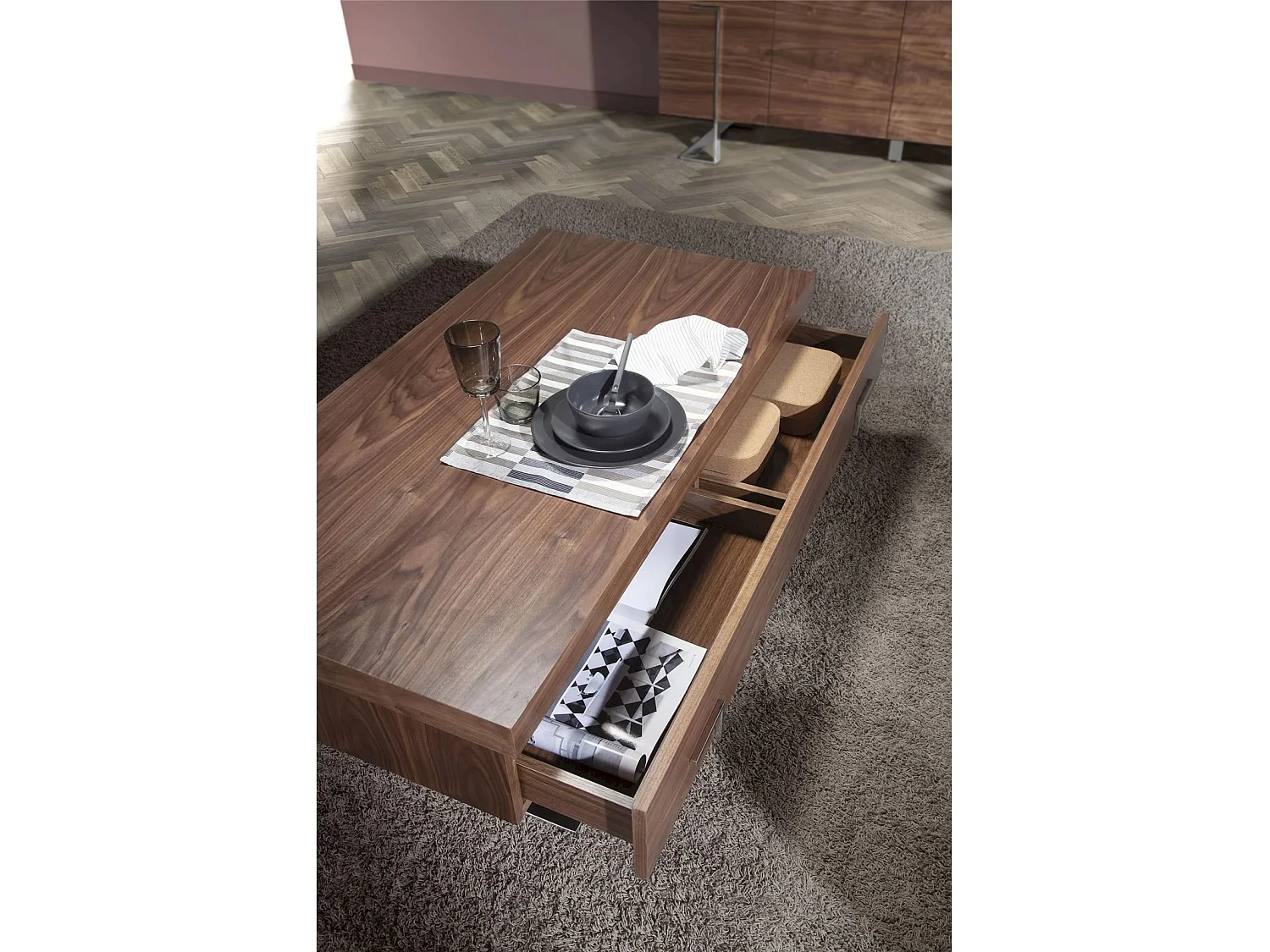 Table basse rectangulaire plateau bois pieds acier inoxydable chromé