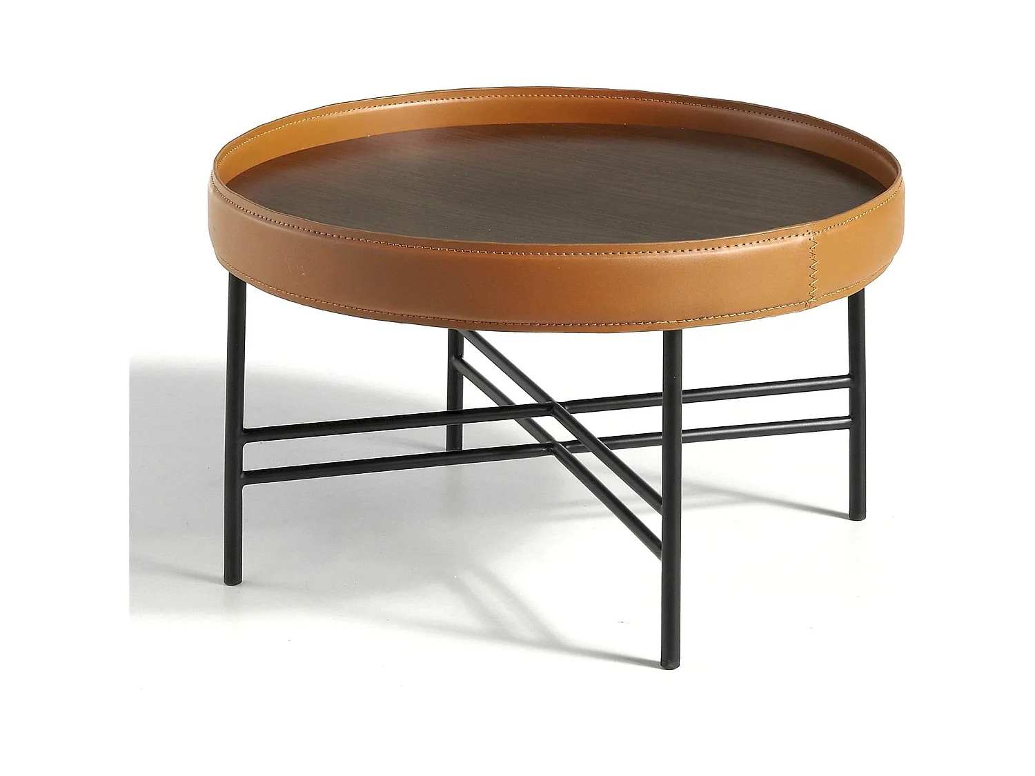 Table basse ronde bois anneau circulaire rembourré de cuir pieds acier peint époxy