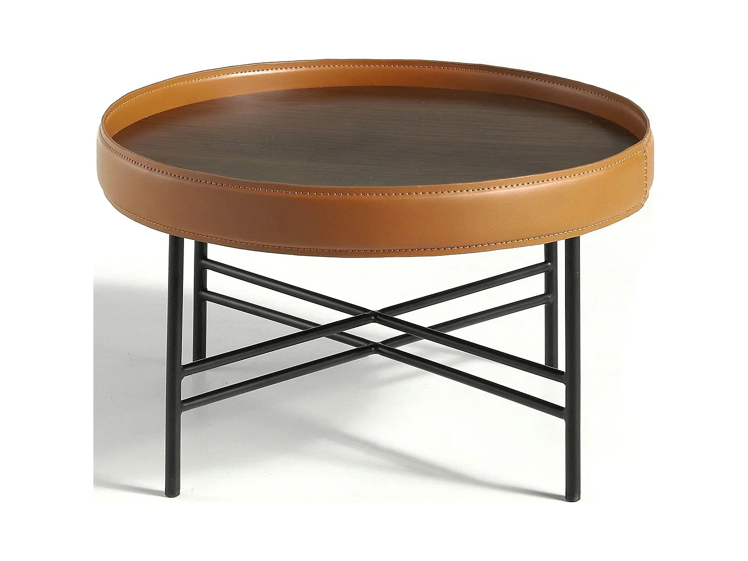 Table basse ronde bois anneau circulaire rembourré de cuir pieds acier peint époxy