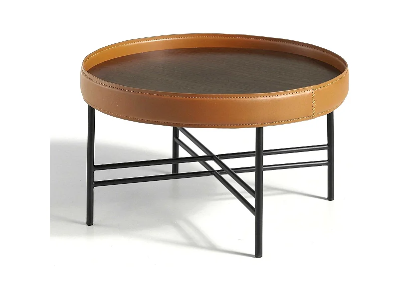 Table basse ronde bois anneau circulaire rembourré de cuir pieds acier peint époxy