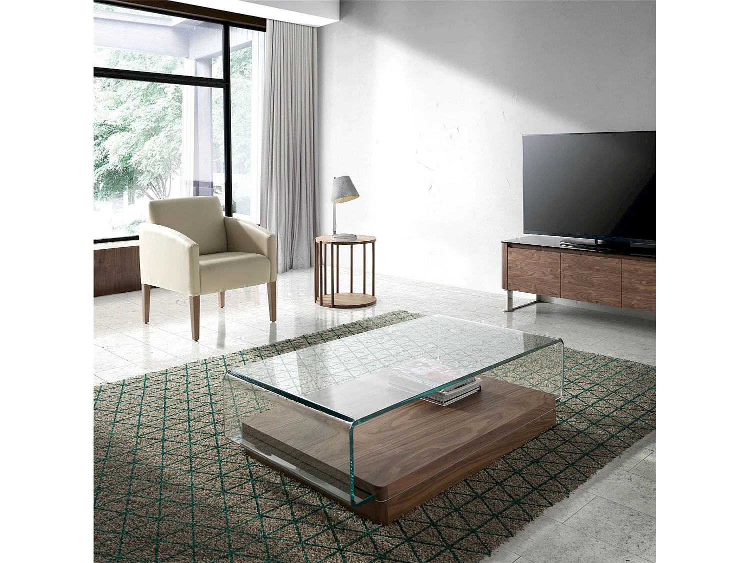 Table basse bois avec verre trempé courbé