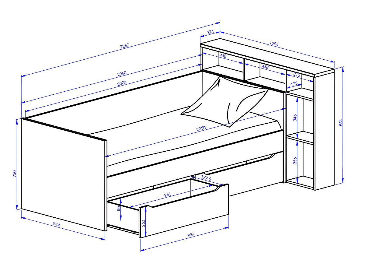 Bett mit integriertem Regal & Schubladen OSCAR - 90 x 200 cm - Weiß & Grau