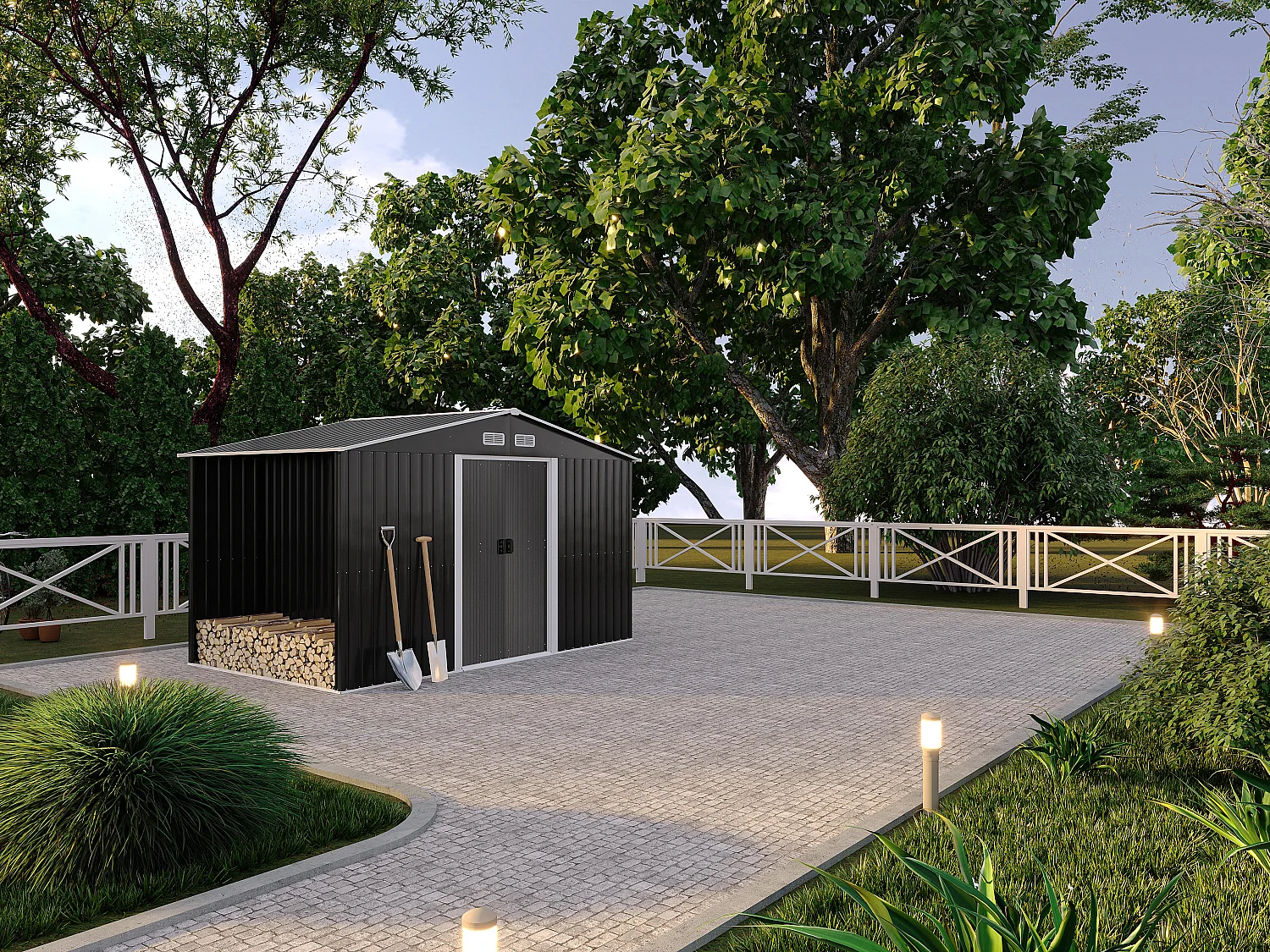 Abri de jardin métal avec abri bûche en acier galvanisé gris 6,7 m² LERY