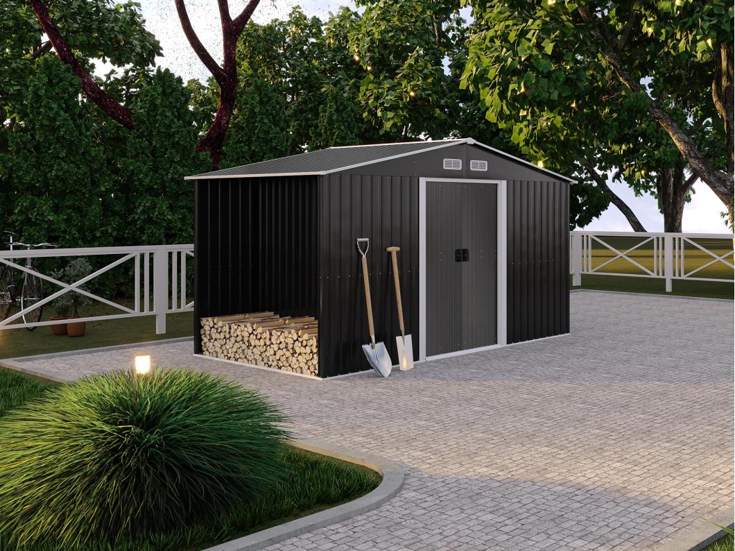 Abri de jardin métal avec abri bûche en acier galvanisé gris 6,7 m² LERY