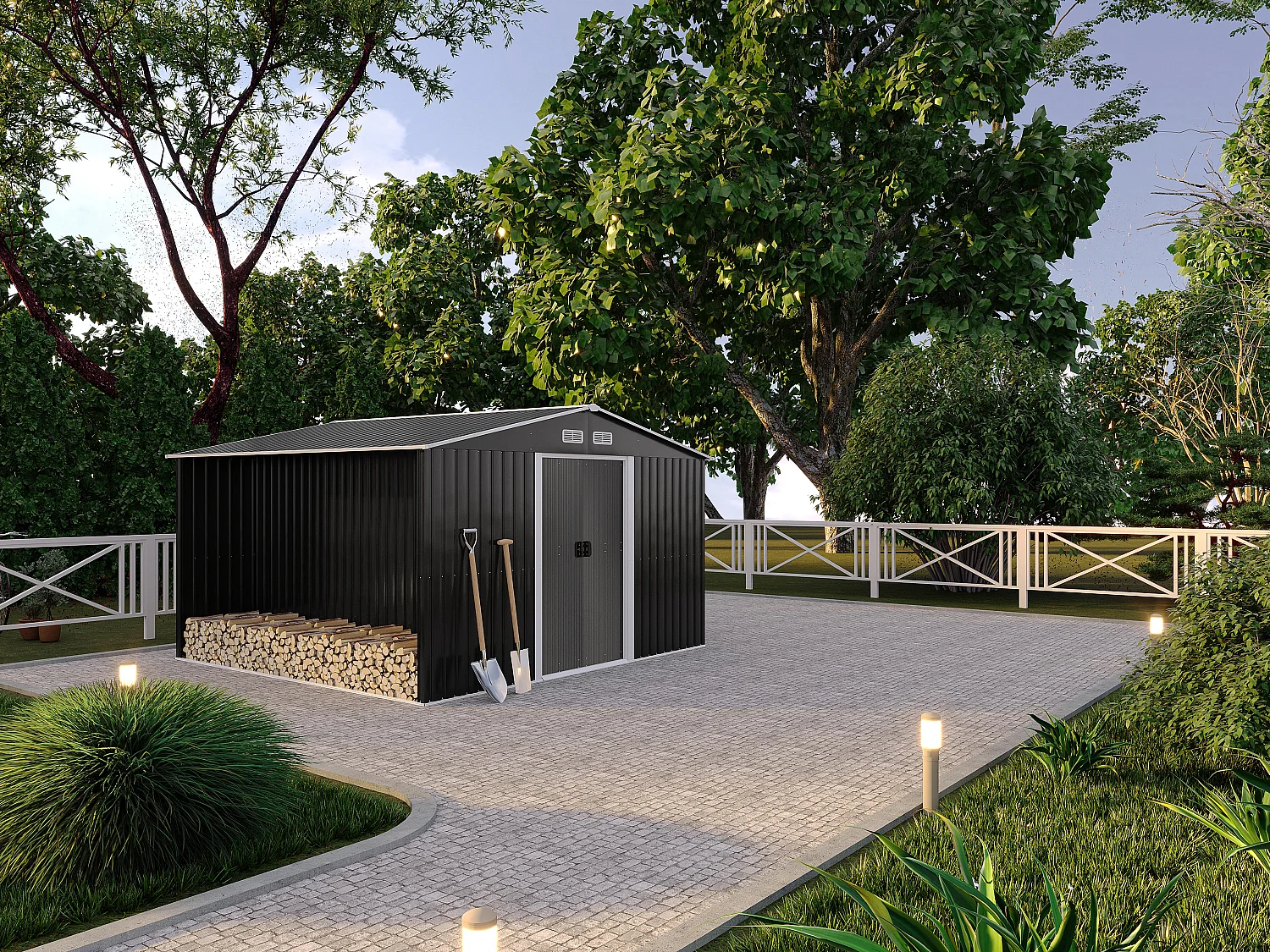 Abri de jardin métal avec abri bûche en acier galvanisé gris 10,29 m² - LERY