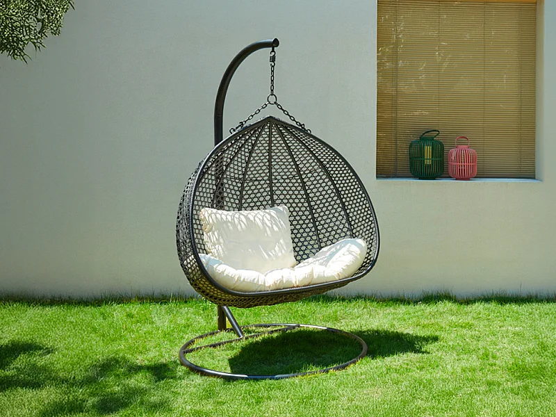 Hängesessel 2-Sitzer Polyrattan - Anthrazit mit weißem Kissen - VAHINA von MYLIA