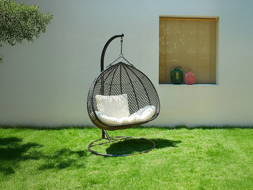 Fauteuil suspendu 2 places en résine tressée - Noir et coussin blanc - VAHINA de MYLIA