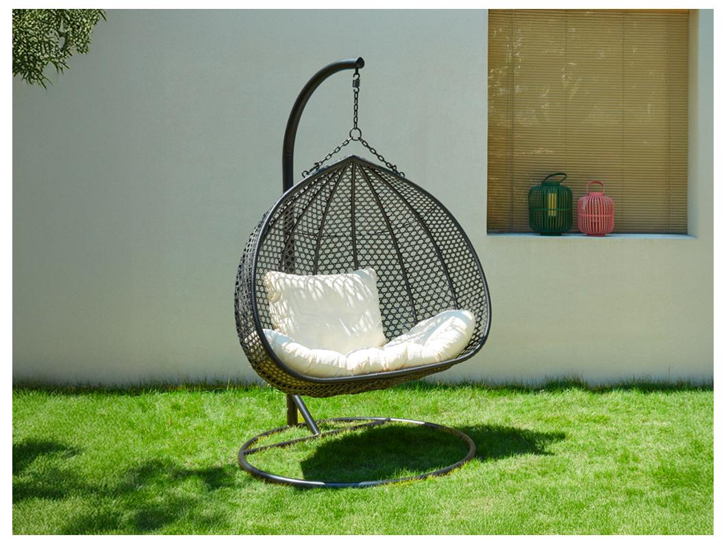 Hängesessel 2-Sitzer Polyrattan - Anthrazit mit weißem Kissen - VAHINA von MYLIA