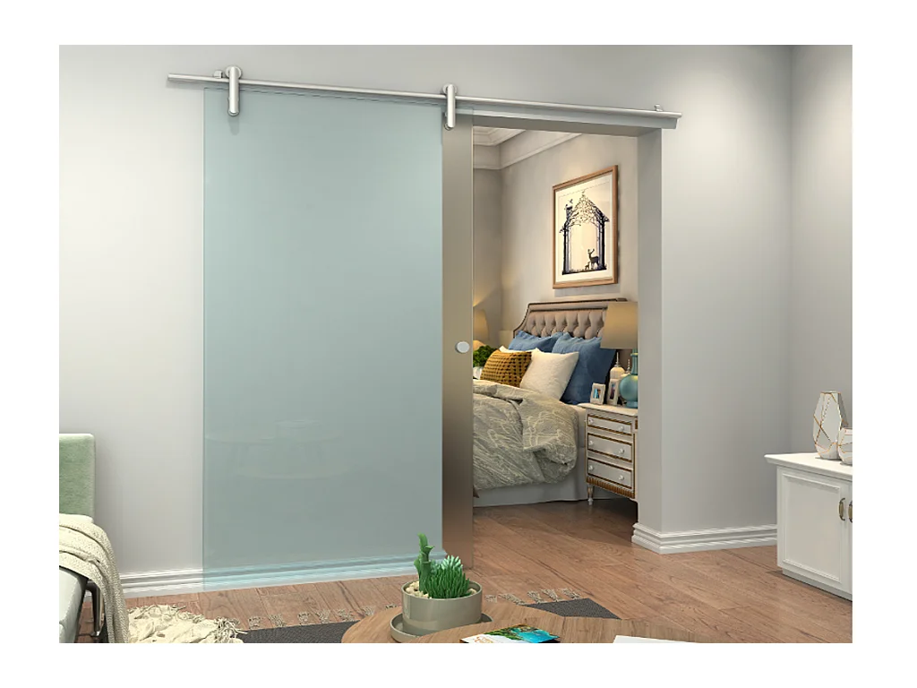 Porte coulissante avec système en applique CLEAVER - H205 x L93 cm - Verre trempé dépoli