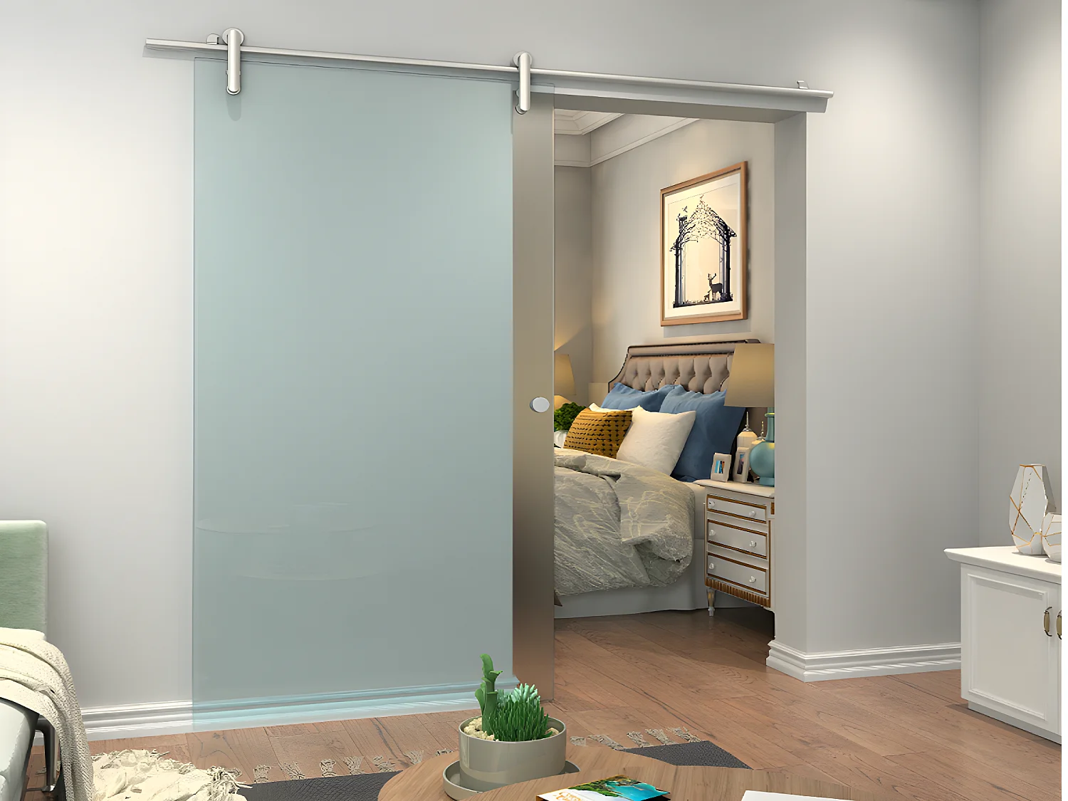 Porte coulissante avec système en applique CLEAVER - H205 x L93 cm - Verre trempé dépoli