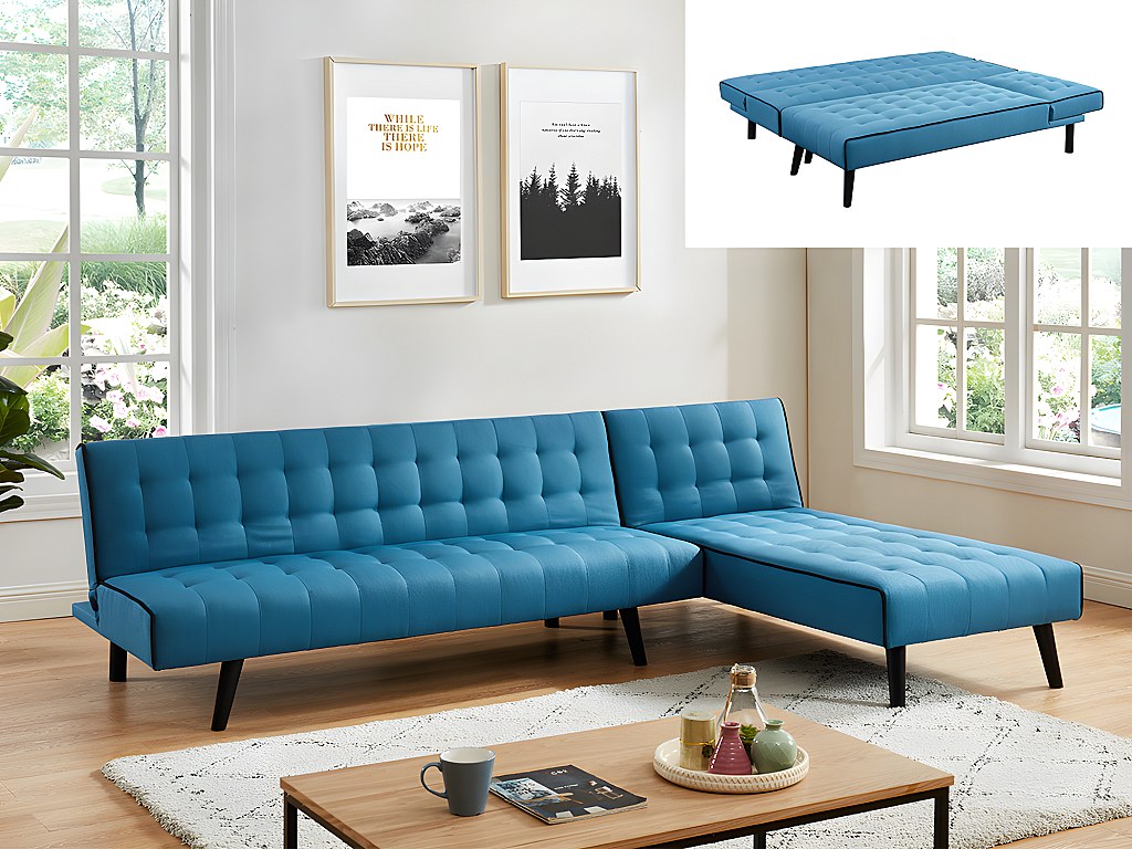 Modulierbares Ecksofa Klappsofa Stoff BAYOU - Blau mit schwarzer Ziernaht