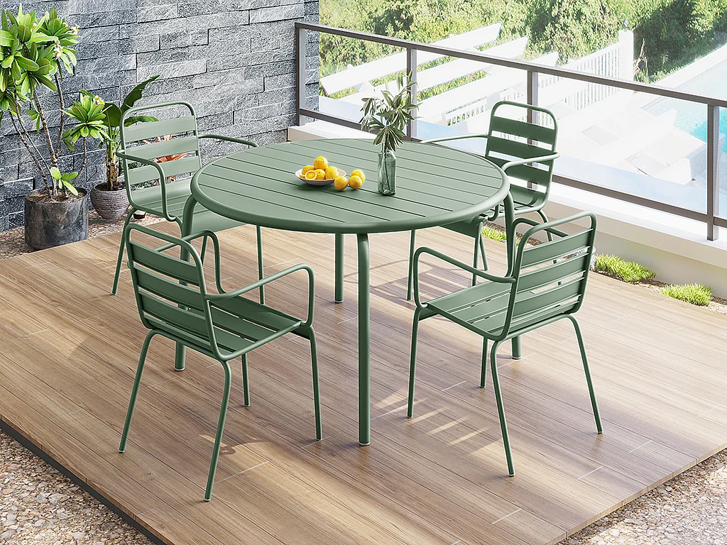 Salle à manger de jardin en métal - une table D.110 cm et 4 fauteuils empilables - Vert amande - MIRMANDE de MYLIA