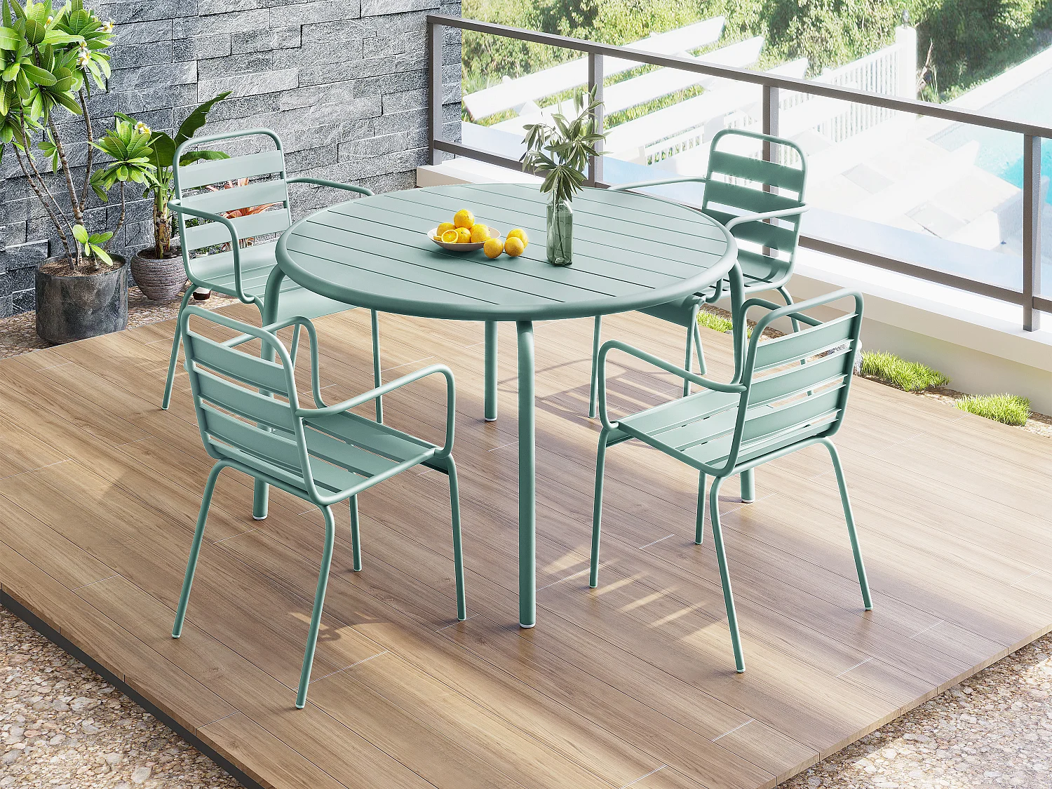 Salle à manger de jardin en métal - une table D.110 cm et 4 fauteuils empilables - Vert amande - MIRMANDE de MYLIA