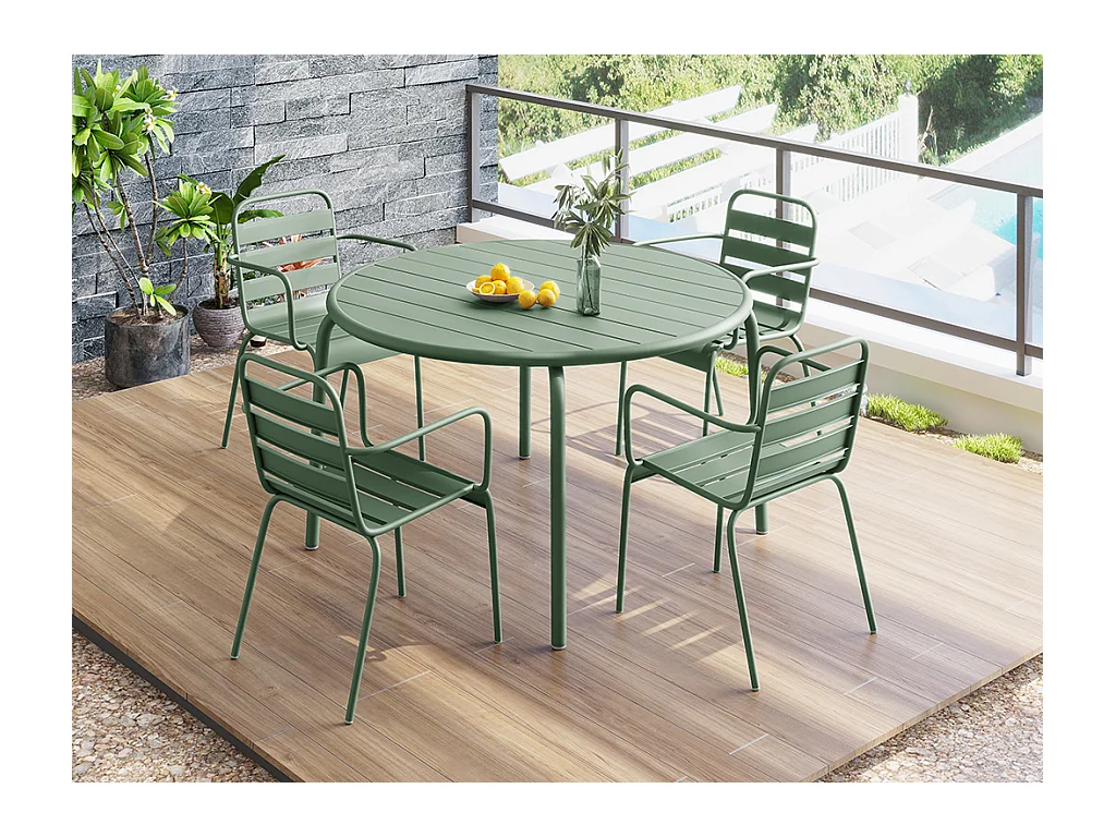 Garten-Essgruppe: Tisch D. 110 cm + 4 stapelbare Sessel - Metall - Mandelgrün - MIRMANDE von MYLIA