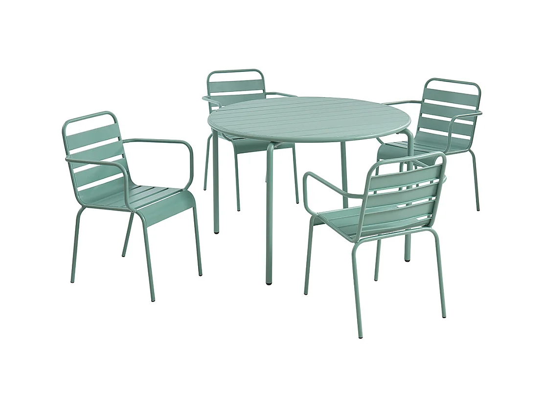 Salle à manger de jardin en métal - une table D.110 cm et 4 fauteuils empilables - Vert amande - MIRMANDE de MYLIA
