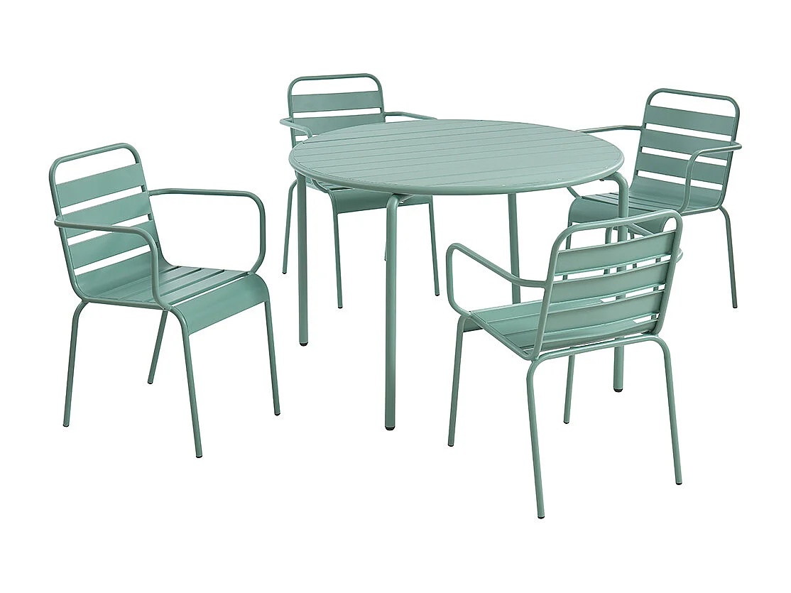 Sala da pranzo da giardino in Metallo Verde acqua MIRMANDE: un tavolo D.110 cm e 4 sedie impilabili