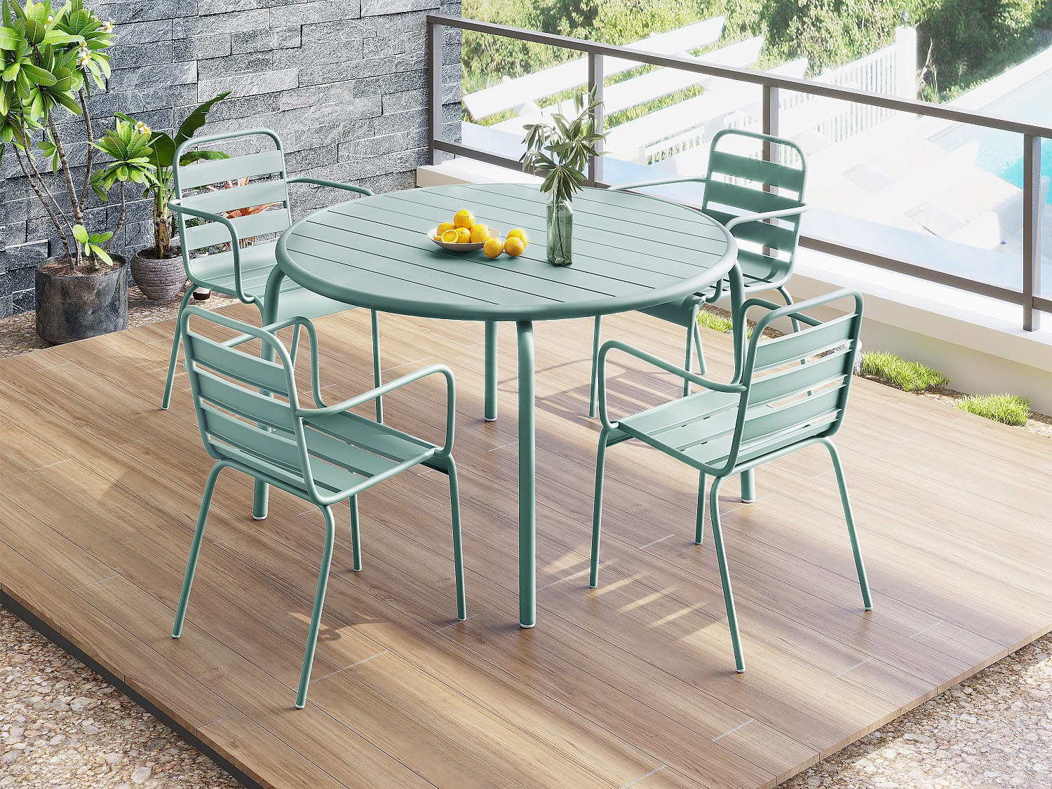 Vente-unique Garten-Essgruppe, Tisch D. 110 Cm + 4 Stapelbare Sessel - Metall - Mandelgrün - Mirmande Von Mylia