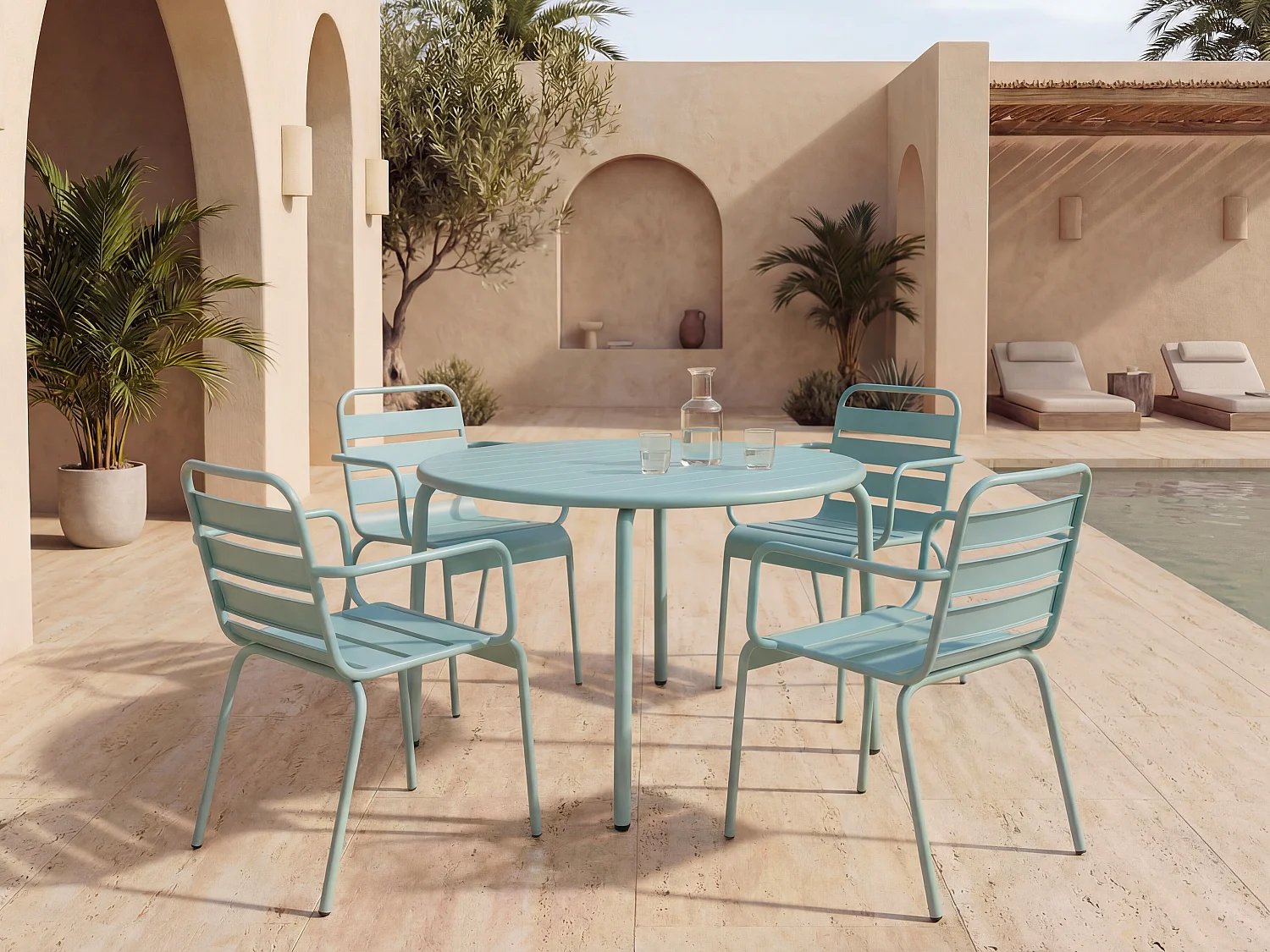 Jadalnia ogrodowa z metalu  - stół  śred. 110 cm i 4 fotele - Kolor zieleń migdałowa - MIRMANDE