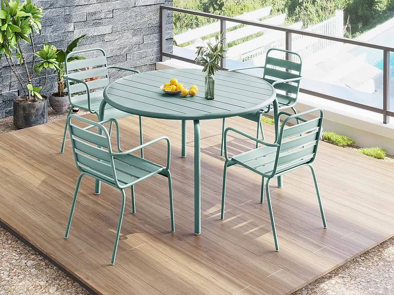 Salle à manger de jardin en métal - une table D.110 cm et 4 fauteuils empilables - Vert amande - MIRMANDE de MYLIA