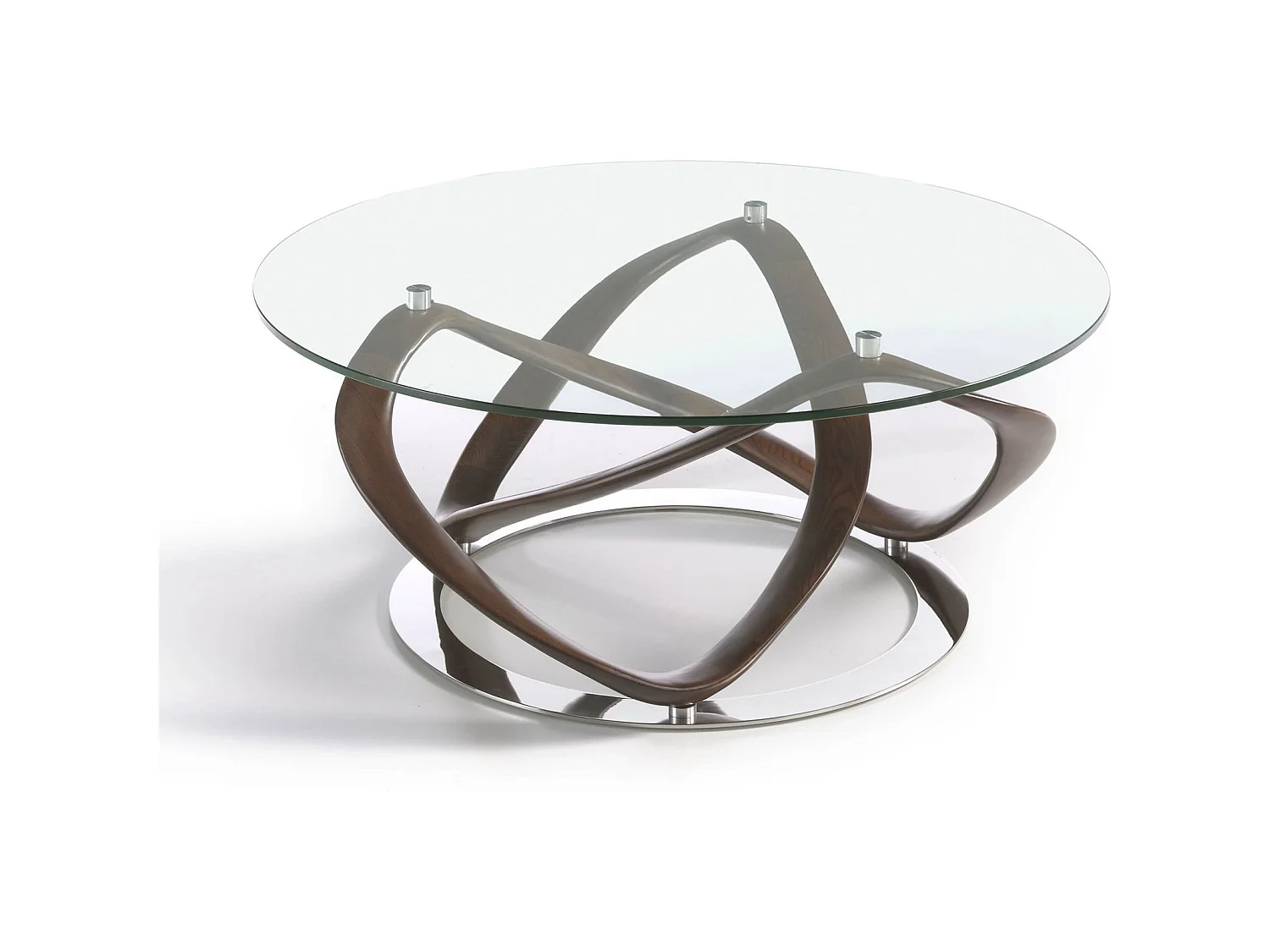 Table basse ronde plateau verre structure courbée bois massif base ronde acier chromé