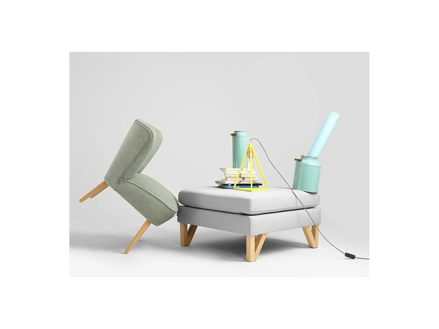 Pouf willy Gris, bois clair