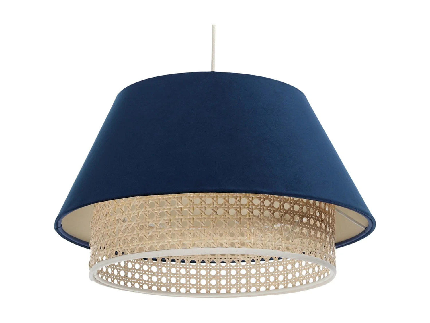 Suspension Extérieur en tissu velours bleu avec rotin naturel, intérieur crème