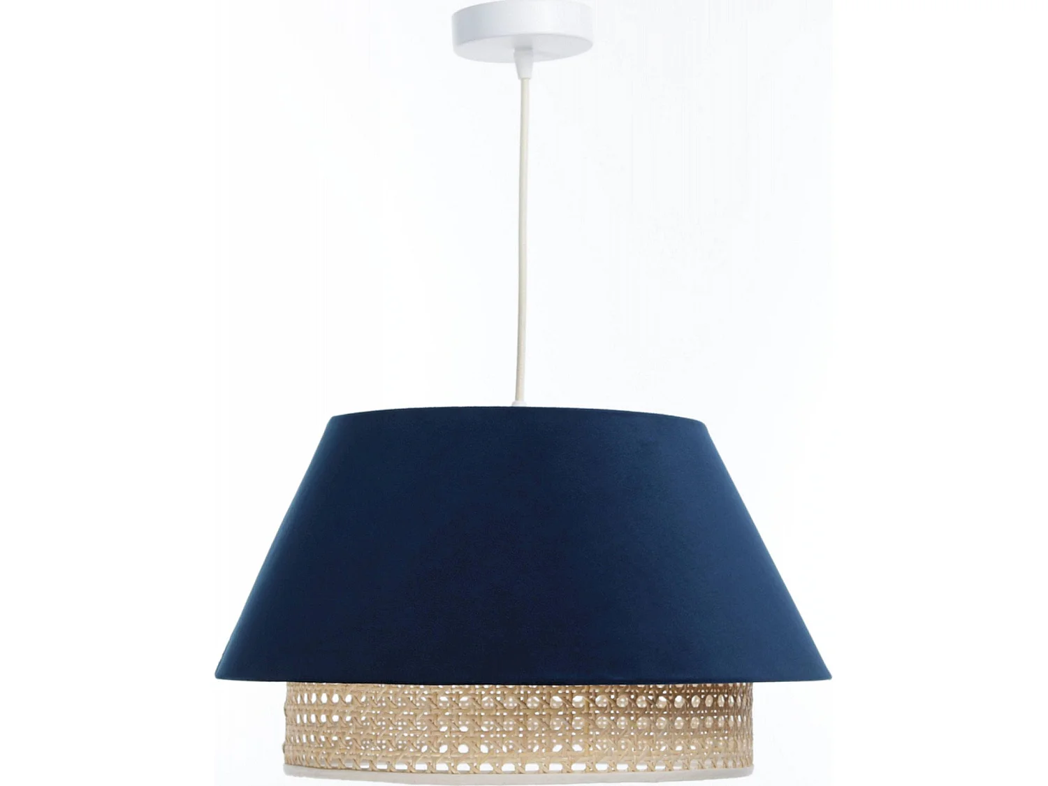 Suspension Extérieur en tissu velours bleu avec rotin naturel, intérieur crème