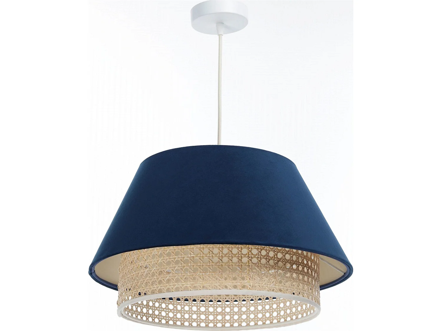 Suspension Extérieur en tissu velours bleu avec rotin naturel, intérieur crème
