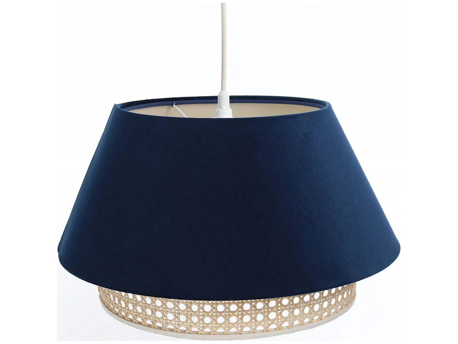 Suspension Extérieur en tissu velours bleu avec rotin naturel, intérieur crème