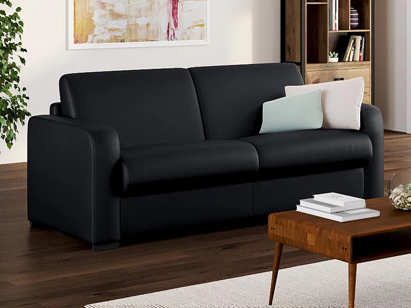 3-sits bäddsoffa express i svart läder med 13 cm madrass BEVIS