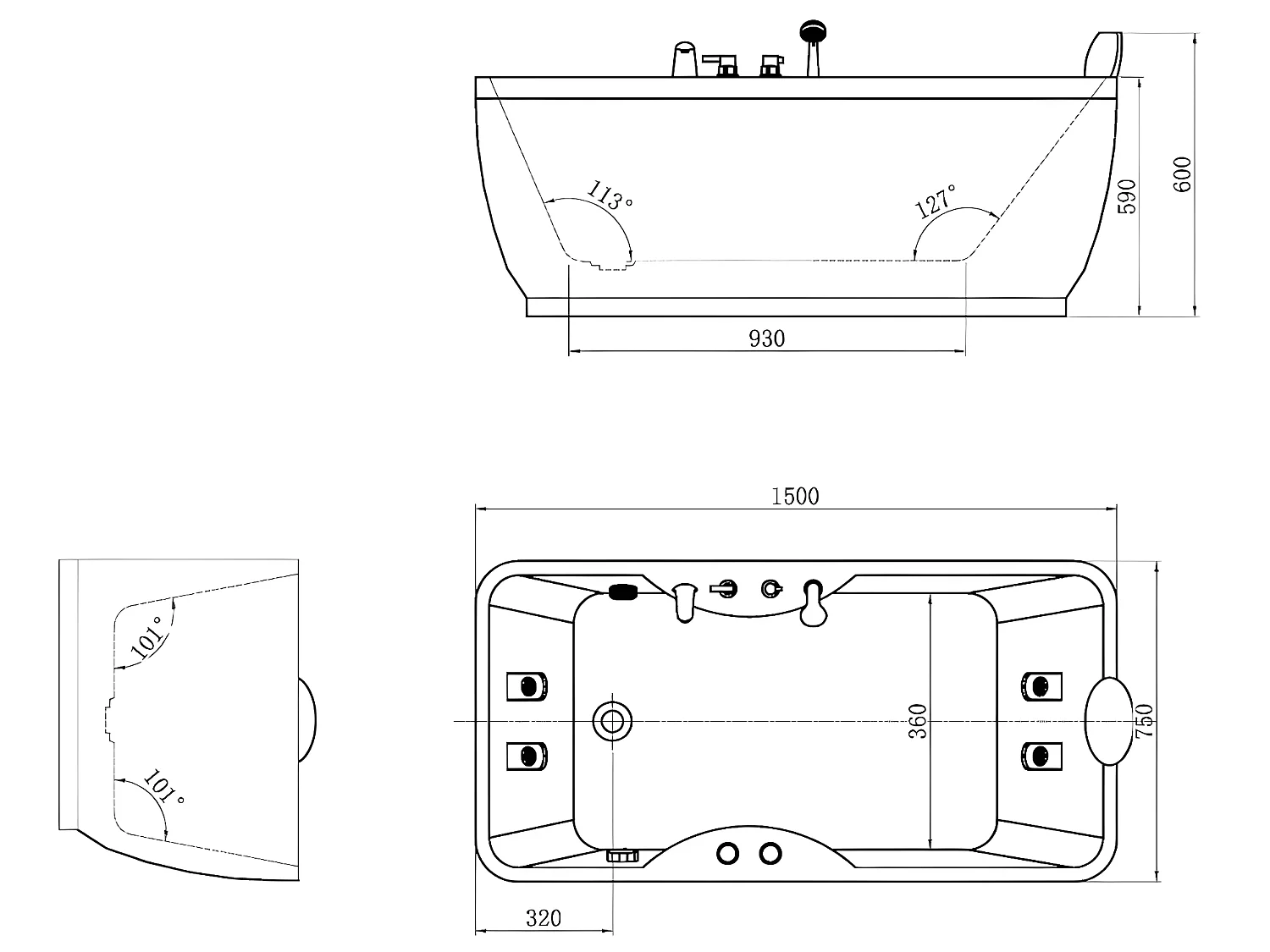 Vasca per balneoterapia - 1 posto - 140L - 75x150xH59 cm - Angolo a sinistra - GAVINO